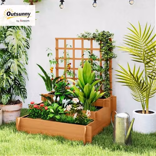 Outsunny 3 Tier Wooden Raised Garden Bed with Trellis for Climbing Plants, Brown – 2