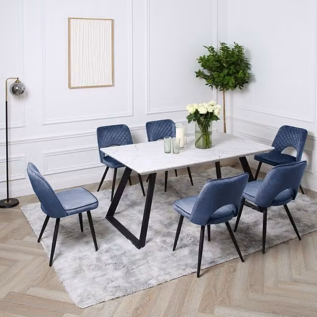 Home Garden Direct Venice Dining Set with Marble-Effect Rectangular Table and 6 Blue Chairs