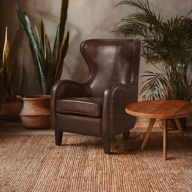 Orsina Brown Leather Wingback Armchair with Walnut Wood Frame – 1