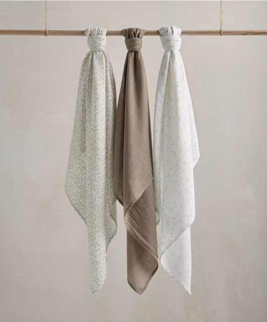 Mamas & Papas Organic Cotton Muslin Squares, 3 Pack, Floral Multicolour and Brown, W/D/H: 90 x 90 x 90 cm