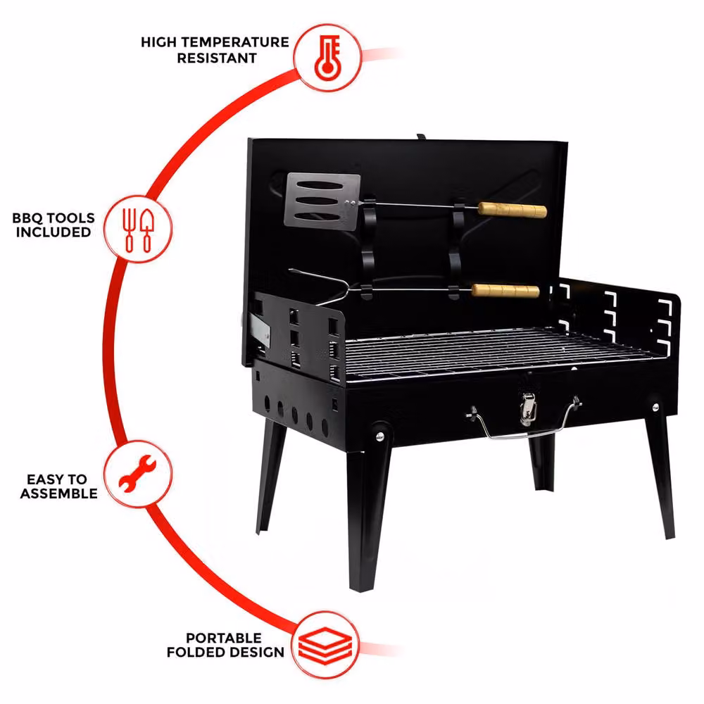Crystals Portable Folding Charcoal BBQ Grill in Black Steel for Camping and Picnics – 6