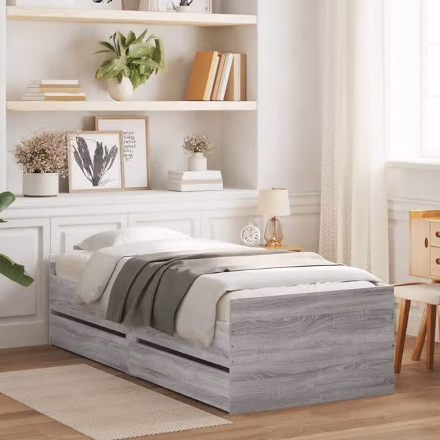 Berkfield Home Single Bed Frame with Drawers in Grey Sonoma, W/D/H: 90 x 190 cm