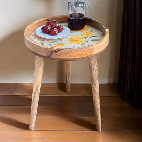 Hartsmede Mango Wood Round Coffee Side Table with V Bouquet Floral Resin Enamel Top, Multicolour, W/D/H: 38 x 38 x 46 cm – 4