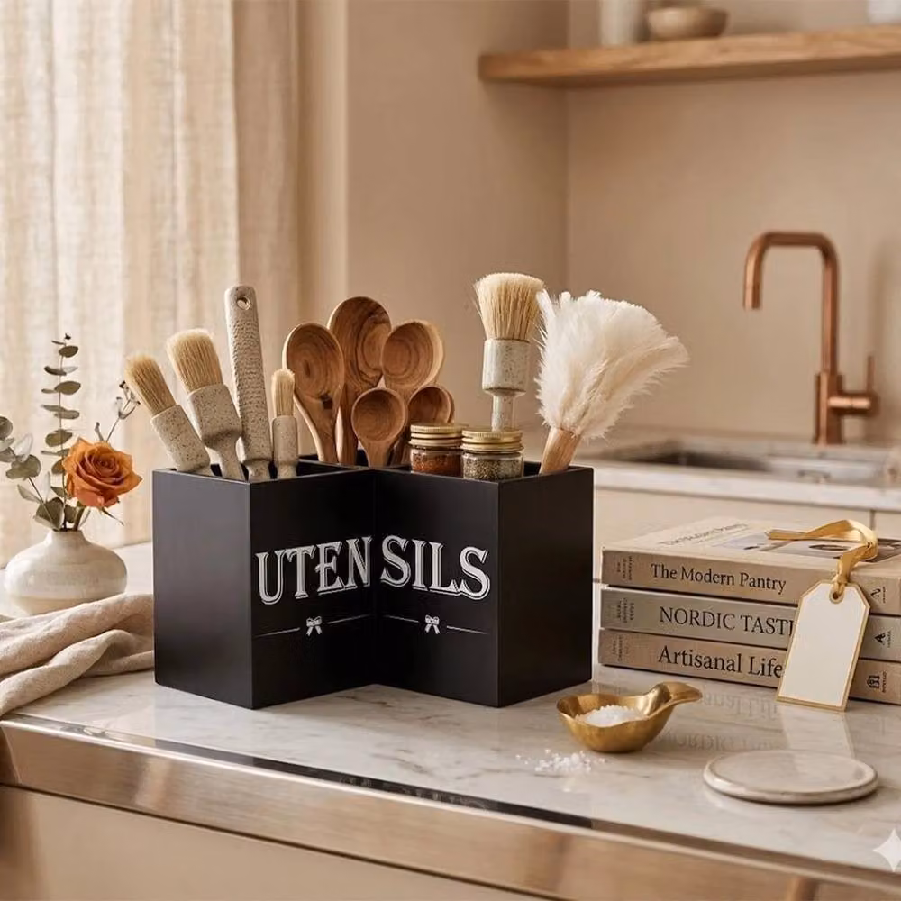 Kelvenix Black Wooden Freestanding Kitchen Utensil Holder – 5