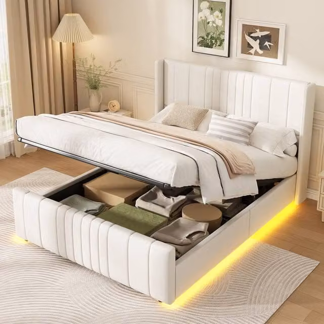 Rolipo Beige Velvet Double Ottoman Storage Bed with LED Lighting, W/D/H: 140 x 200 x 135 cm