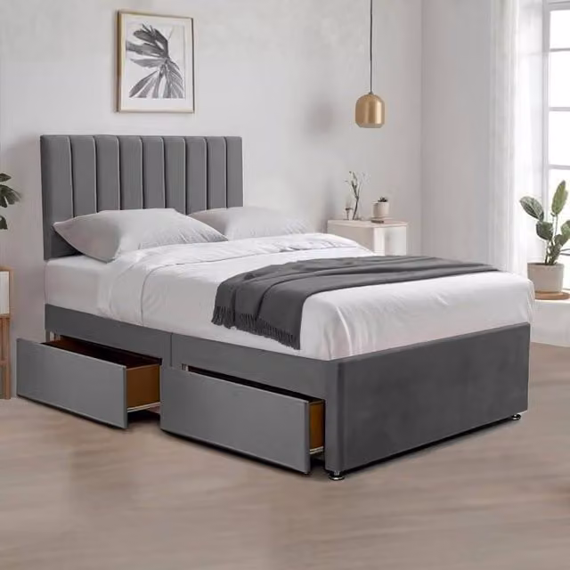 Bed Time UK Relaxing Plush Grey Velvet Divan Bed with Mattress, 2 Drawers and 20 inch Headboard, W/D/H: 120 x 200 cm