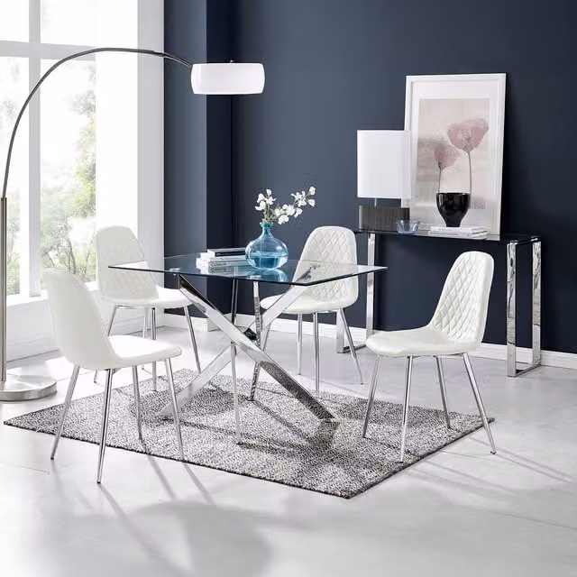 FurnitureboxUK Metal Dining Table with 4 Corona Silver Chairs Set, White and Silver Glass Top