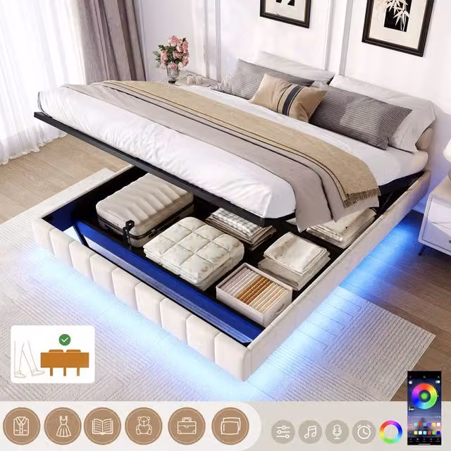 ModernLuxe Floating Upholstered Double Bed with Ottoman Storage and LED Lights in Beige, W/D/H: 140 x 200 cm