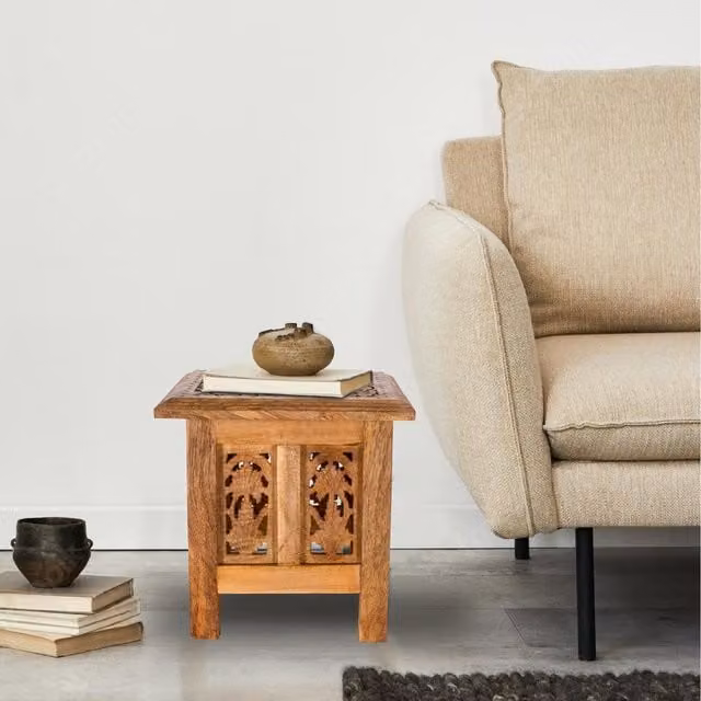Topfurnishing Square Mango Wood Carved Coffee Table and Bedside End Table in Antique Brown and Yellow, W/D/H: 30 x 30 x 30 cm