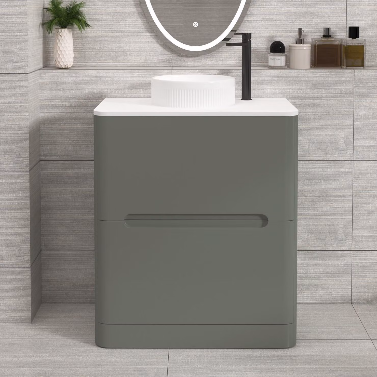 Royal Bathrooms Venice 700mm Sage Green Floor Standing Vanity Unit with 2 Drawers, Plain White Worktop and Round Basin
