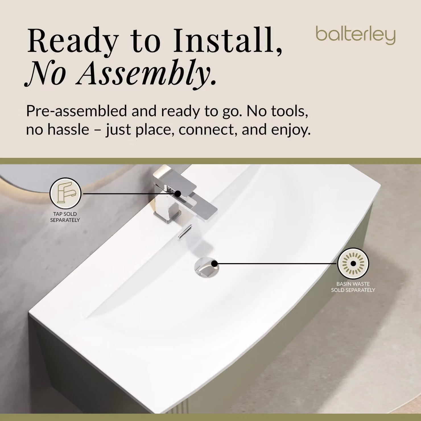 Balterley Wall Hung 1 Drawer Vanity Unit with Curved Basin, Satin Green, Width: 80 cm – 3