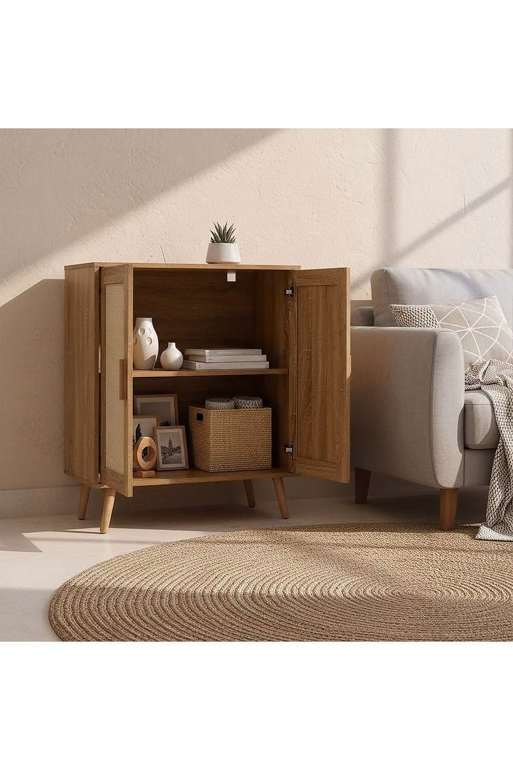 H&O Direct Scandinavian Style Standalone Sideboard Storage Cabinet in Beige Wood and Rattan – 2