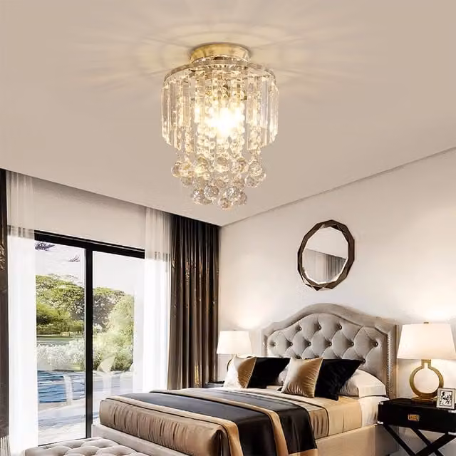 Livingandhome Metal and Crystal Cylinder Ceiling Light in Chrome and Transparent