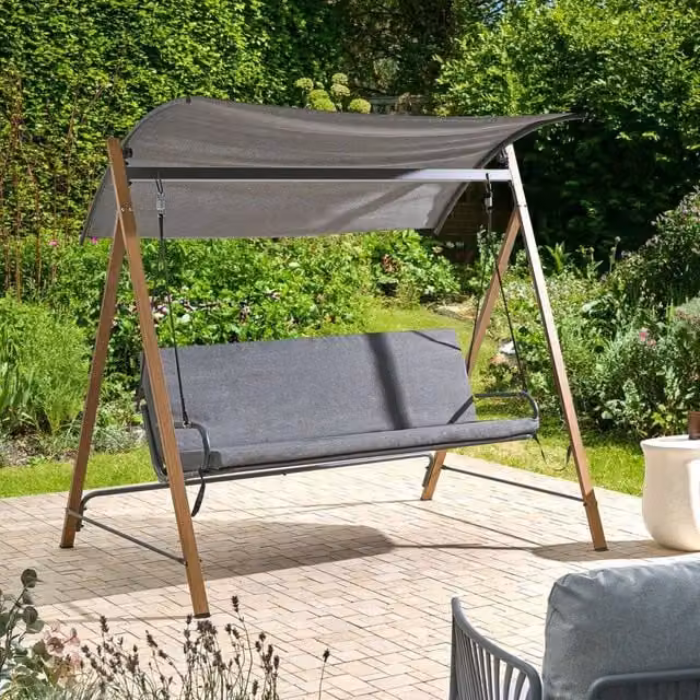 Wyld and Coco 3 Seater Grey Steel Patio Swing with Sun Canopy and Cushions