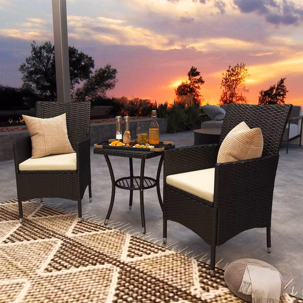 Wyld Haus Rafifi Black 3 Piece Rattan Bistro Set with 2 Armchairs and 2 Tier Table – 3