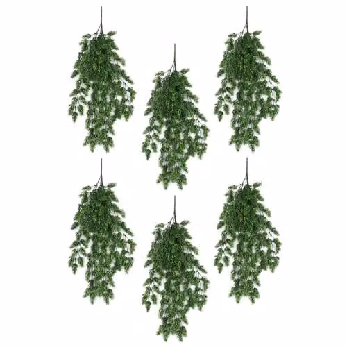 Leaf Pack of 6 Green Artificial Hanging Fern Plants, UV and Fire Resistant, Length: 128 cm