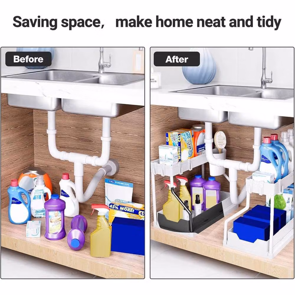 KORVIXA White 2 Tier Under Sink Storage Organiser Shelf and Spice Rack – 4