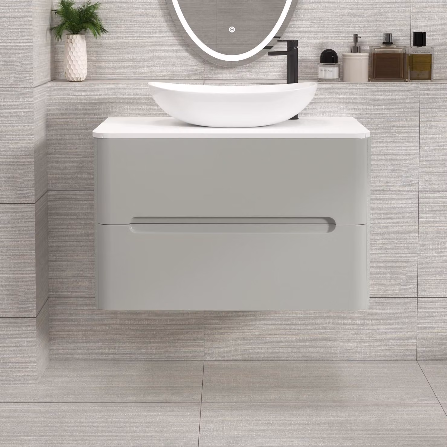 Royal Bathrooms Venice 800mm Wall Hung Vanity Unit in Dove Grey with 2 Drawers, Plain White Worktop and Cesar Basin