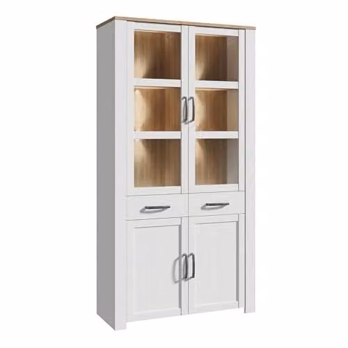 Forte Bohol Display Cabinet with 4 Glass Doors, 1 Drawer and Integrated Lighting in Oak and White – 1