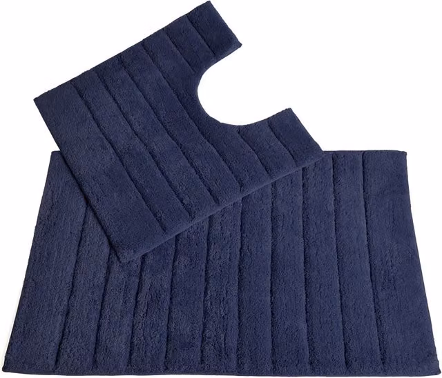 Allure Bath Fashions Ribbed Two Piece Bath and Pedestal Toilet Mat Set in Blue Cotton