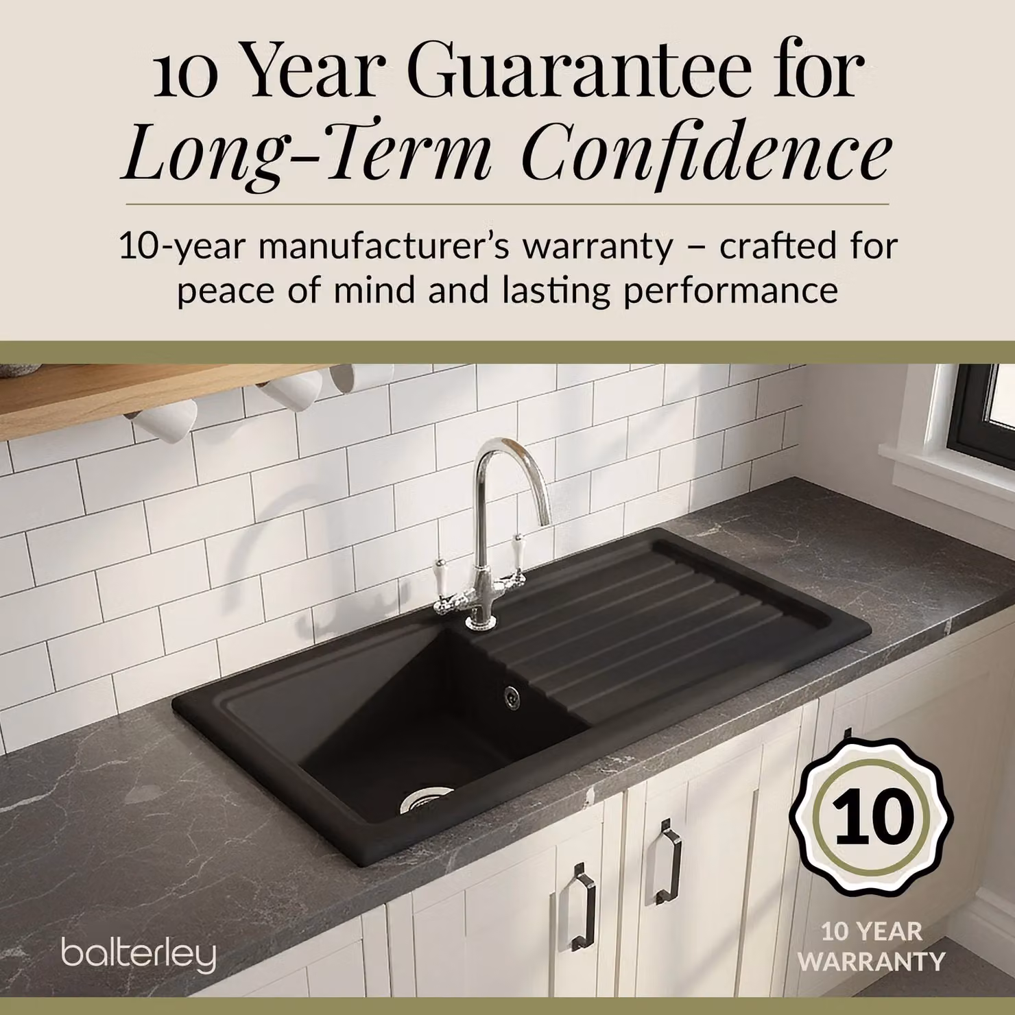 Balterley Ceramic Single Bowl Kitchen Sink with Grooved Drainer, Dark Grey, Width: 101 cm – 3