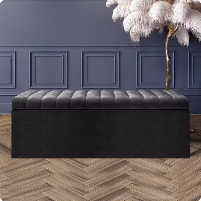 R&M Furnishers Safar Naples Ottoman Storage Box, Black and Silver Striped Velvet Upholstered Blanket Chest and End of Bed Bench