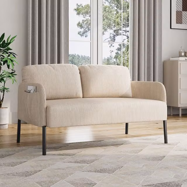 Komore Corduroy Upholstered Sofa Bed with Sleeping Function and Scatter Cushions in Beige and White