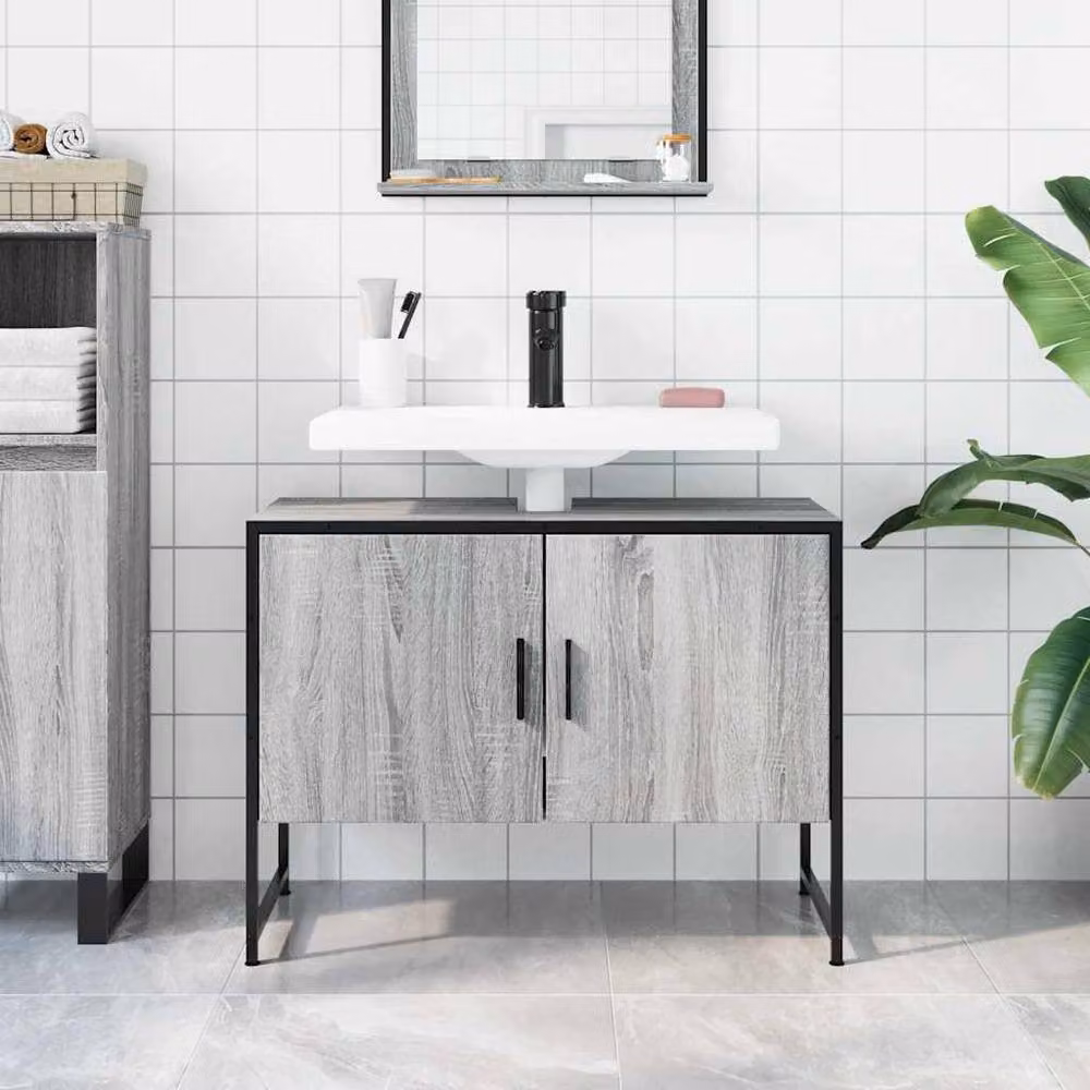 Berkfield Home Grey Sonoma Wall Mounted Bathroom Sink Cabinet W: 80 cm, D: 33 cm, H: 60 cm – 3