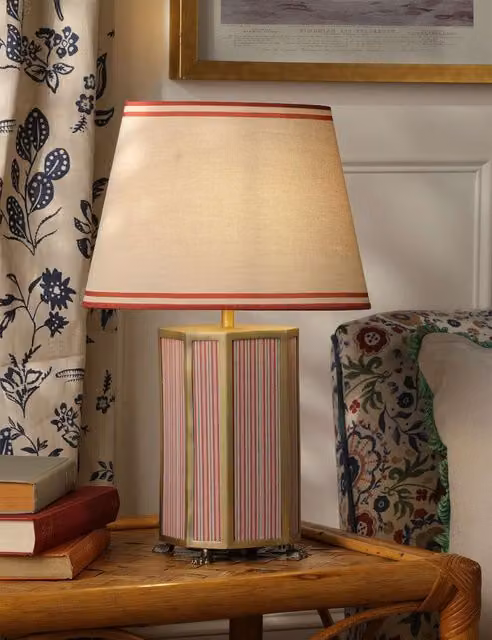 Joules Helmingham Striped Table Lamp in Antique Brass and Beige Fabric