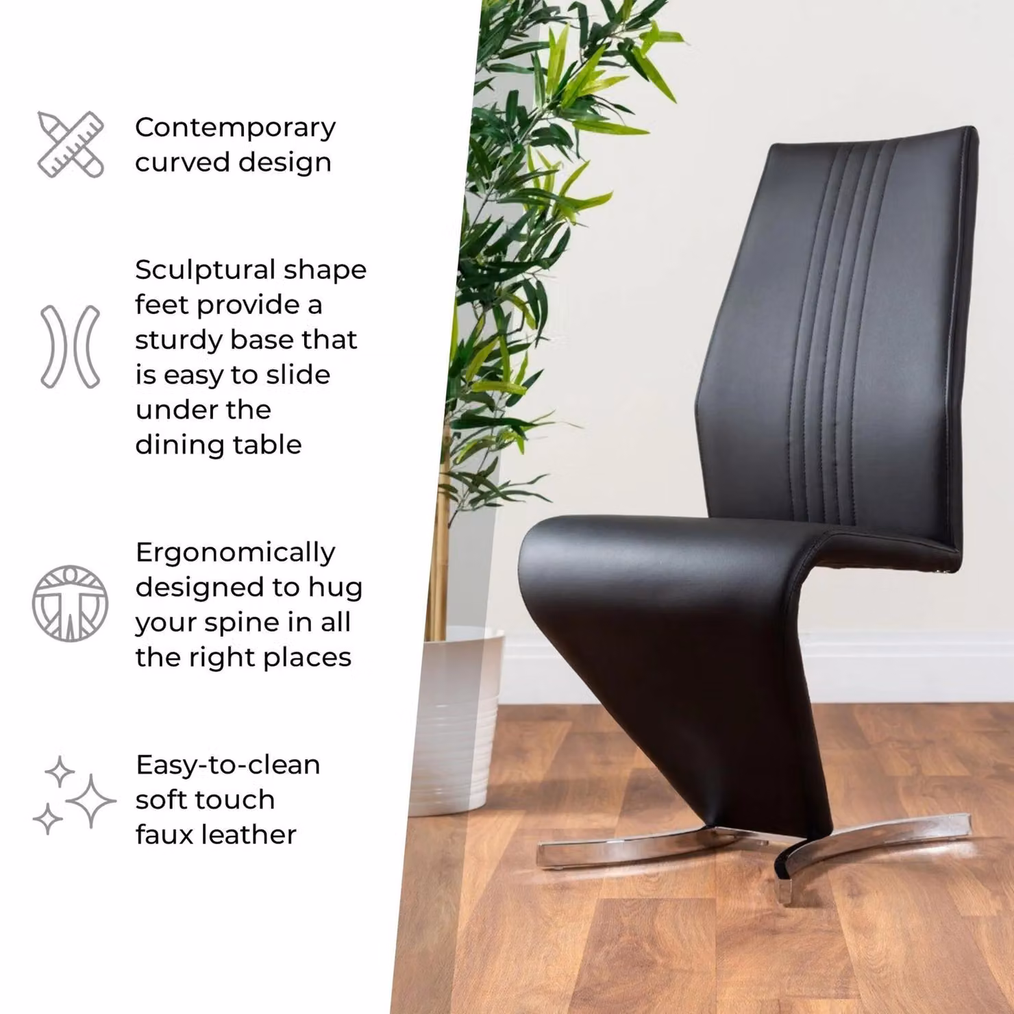 FurnitureboxUK Set of 2 Willow Modern Faux Leather Dining Chairs with Silver Chrome Metal Cantilever Legs in Black – 6
