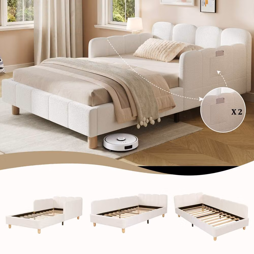 Matteo Beige Bouclé Upholstered Children's Single Bed with Safety Rail and Side Compartments, W/D/H: 90 x 190 x 64 cm – 2
