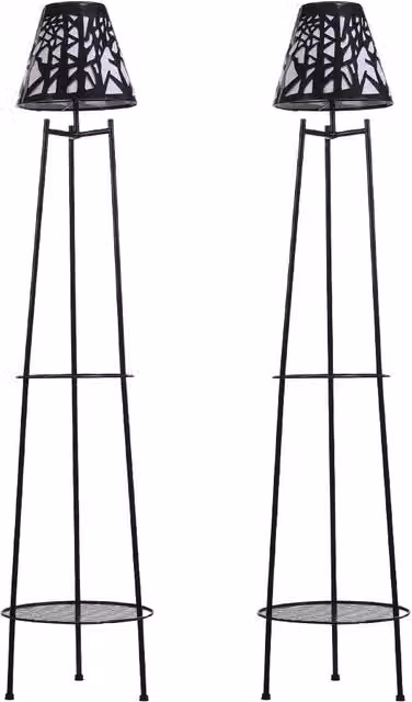 Living and Home 2 Pack Double Tier Solar-Powered Metal Plant Stands with Warm White Lights in Black