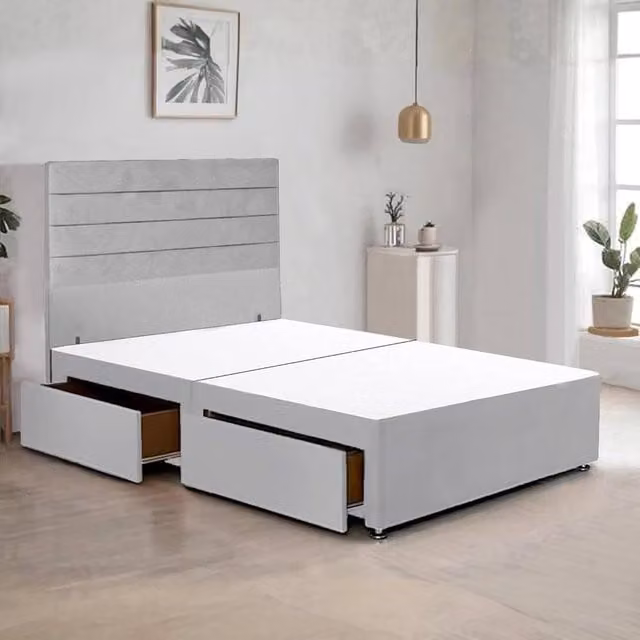 Bed Time UK Plush Divan Bed Frame with 48 inch Headboard and 2 Drawer Storage in Silver, Size: Super King, W/D/H: 200 x 200 cm