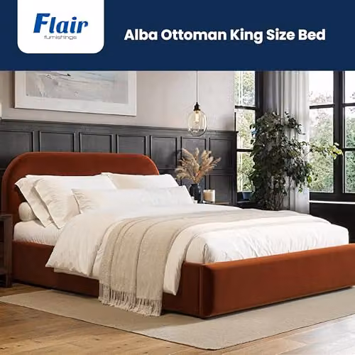 Flair Furnishings Alba Ottoman Bed, King Size Velvet and Bouclé Bed Frame with Storage and Curved Headboard, Orange, H 165 x W 150 x D 221 cm – 2