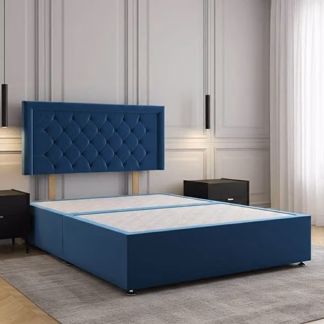 Regional Furnishings Blue Plush Velvet Double Divan Bed Base with 24 Inch Headboard