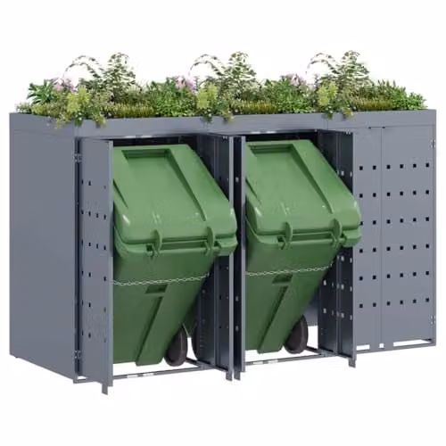 vidaXL Wheelie Bin Storage for 3 Bins, Grey Steel, W: 204 cm, D: 77.5 cm, H: 121.5 cm – 1