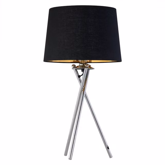 First Choice Lighting Tripod Chrome Lamp with Black and Gold Fabric Shade, H 53.0 x W 28.5 x D 28.5 cm