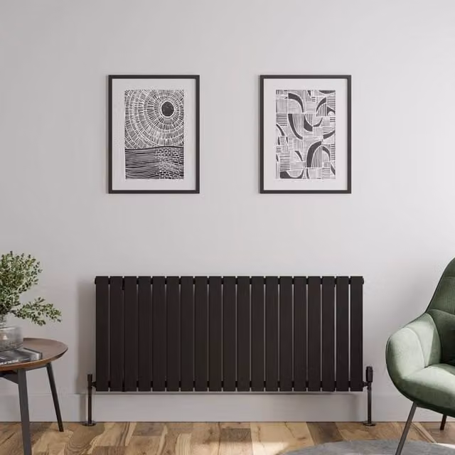 Temprazo Black Single Panel Horizontal Designer Steel Radiator, W: 144.0 cm, H: 60.0 cm, D: 6.0 cm