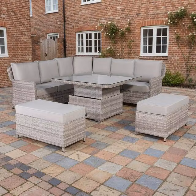 Furnishings For Less UK Rattan Garden Corner Sofa Set with Rising Dining Table and Bench in Grey – 1