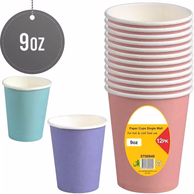 UMKY 12 Pack Disposable Paper Party Cups, 9oz, Pink and Multicolour
