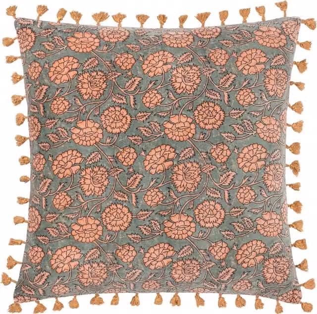 Paoletti 1973 Marisa Floral Cotton Velvet Cushion in Petrol Blue with Feather Filling