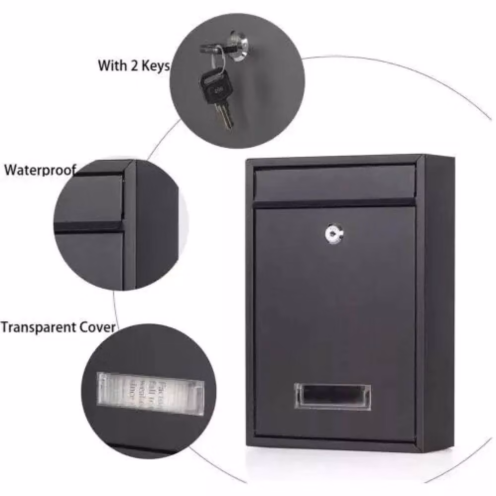 SPETLEK Large Black Lockable Wall Mounted Outdoor Steel Letterbox Post Box with Keys – 4