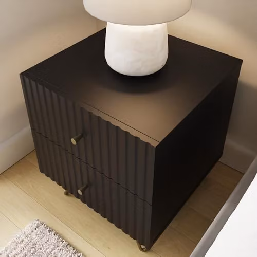 GFW Thalia 2 Drawer Bedside Table with Ribbed Front and Brass Hairpin Legs in Black, W/D/H: 40 x 40 x 46.5 cm – 3