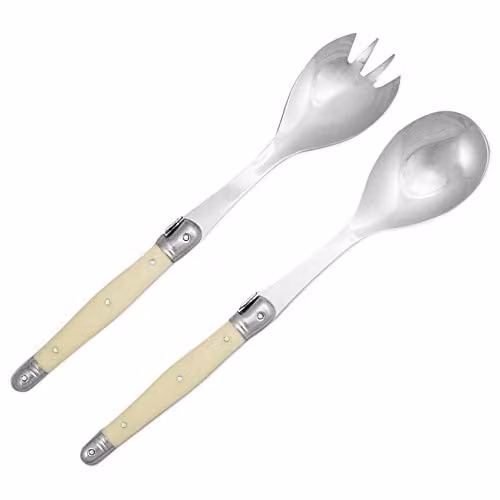 Laguiole 2-Piece Stainless Steel Salad Serving Set with Wooden Tray in White