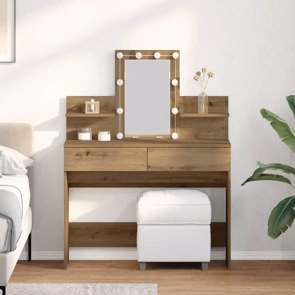 Berkfield Home Artisan Oak Dressing Table with Hollywood LED in Brown, W/D/H: 100 x 40 x 130 cm – 2