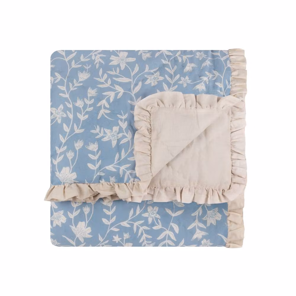 Wylder Amelia Blue Floral 100% Cotton Quilted Bedspread with Ruffled Valance – 2