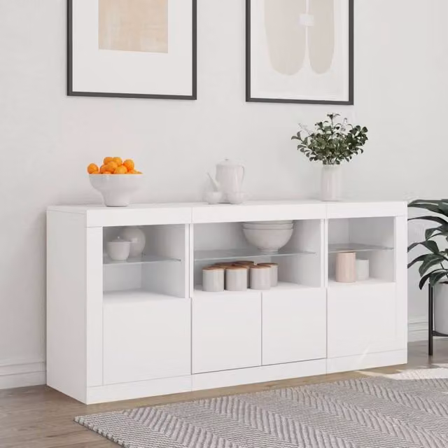 Berkfield Home White Glossy Sideboard with Integrated LED Lights, W/D/H: 142.5 x 37 x 67 cm
