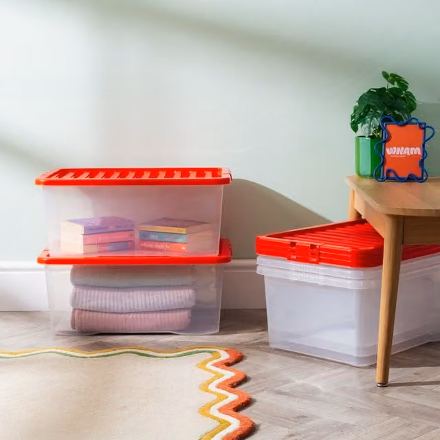 Wham Crystal 45L Storage Box with Stronger Lid Pack of 5, Red, W: 40.0 cm, D: 25.5 cm, H: 45.0 cm