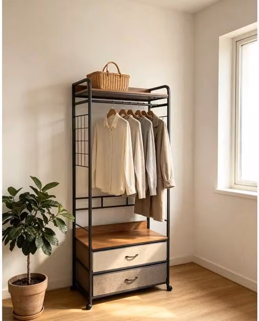 FORGEVIO Black Metal Rolling Garment Rack with Integrated Drawers and Hanging Rod