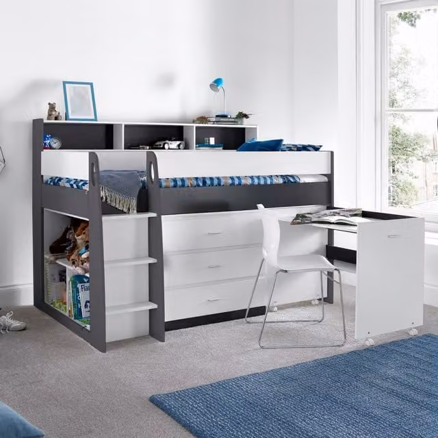 Bedmaster Ersa Grey and White Mid Sleeper Bed with Desk and Drawers